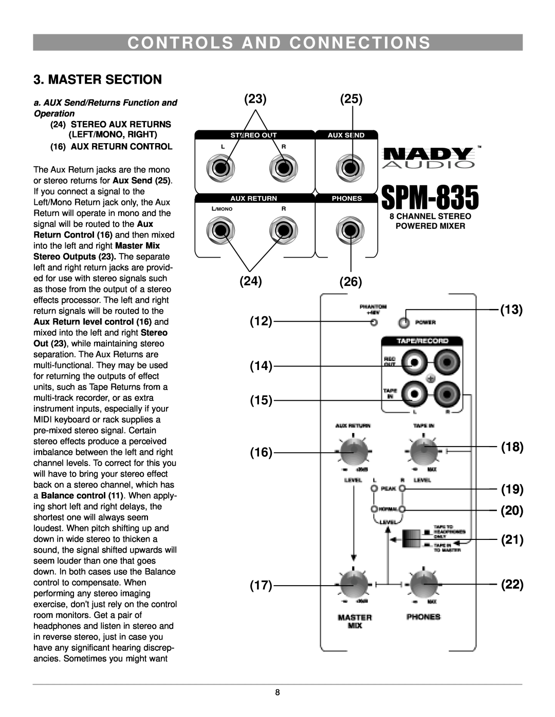 Nady Systems SPM-835 owner manual Master Section, 2325 2426, 13 18 19 20, C O N T R O L S A N D C O N N E C T I O N S 