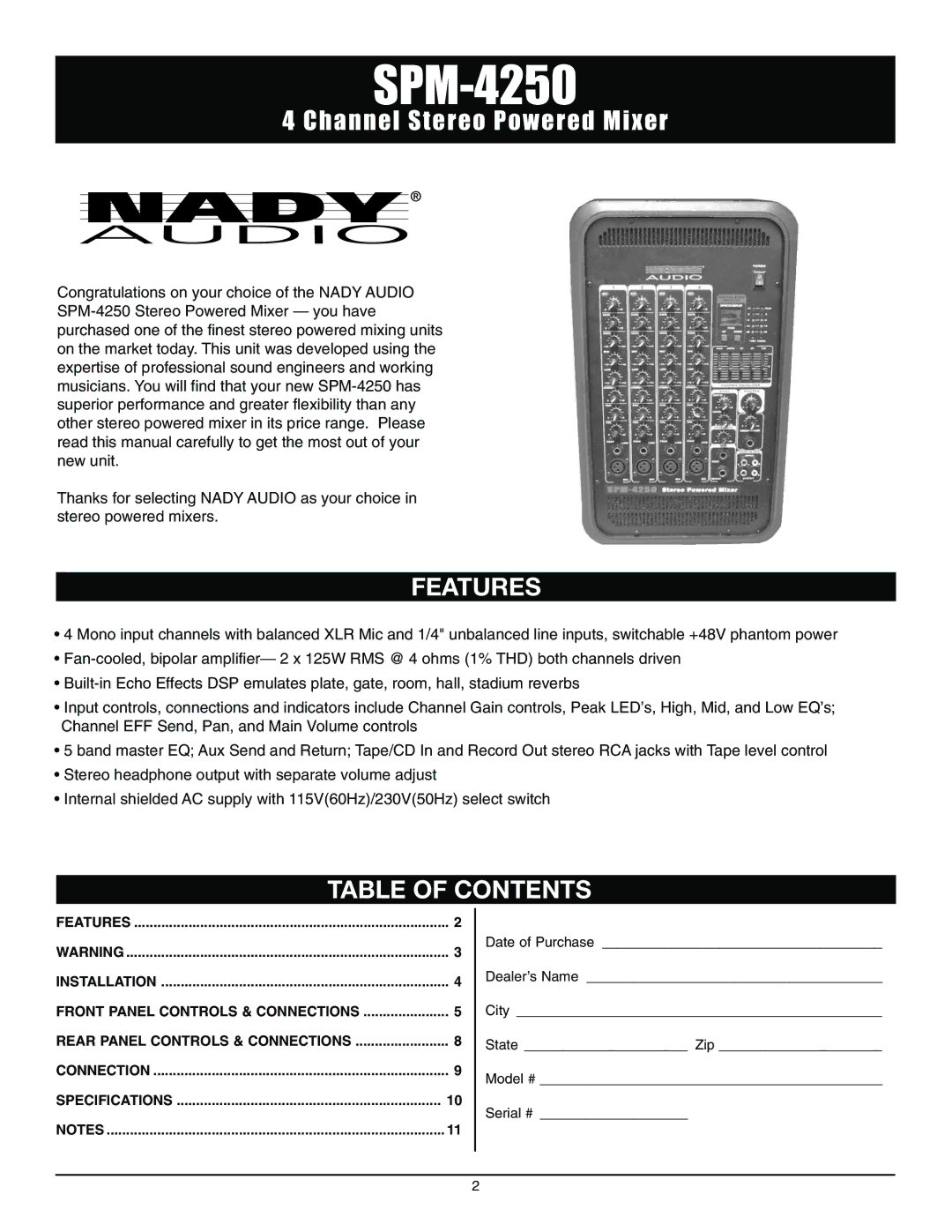 Nady Systems SPM42504 owner manual Features, Table of Contents 