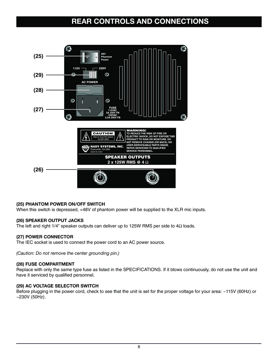 Nady Systems SPM42504 owner manual Rear Controls and Connections 