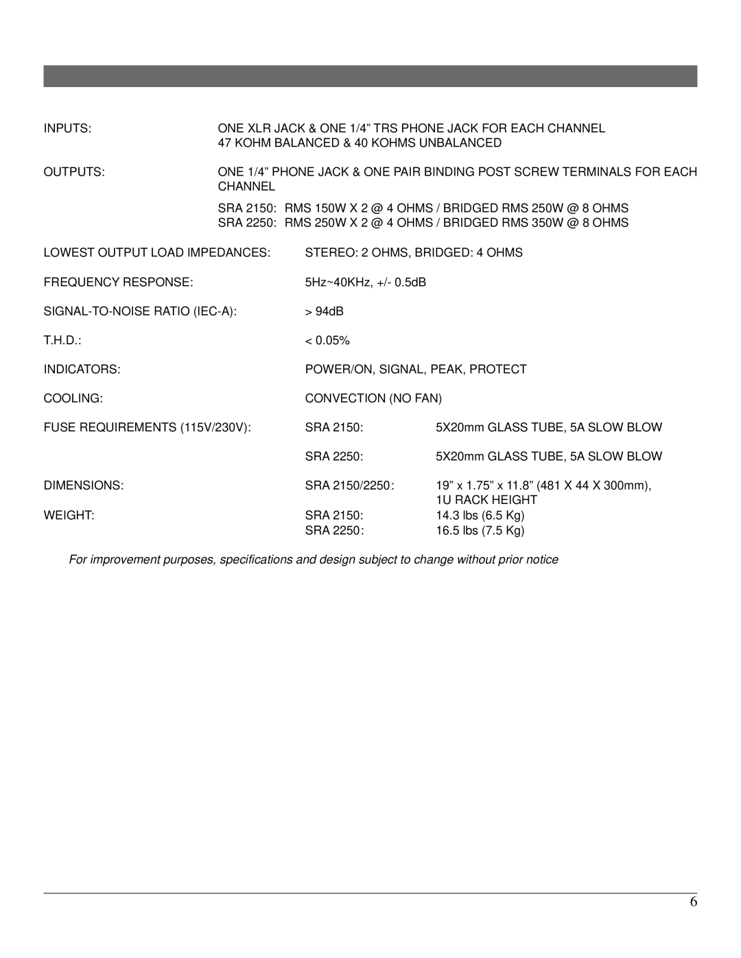 Nady Systems SRA 2250, SRA 2150 manual Specifications 