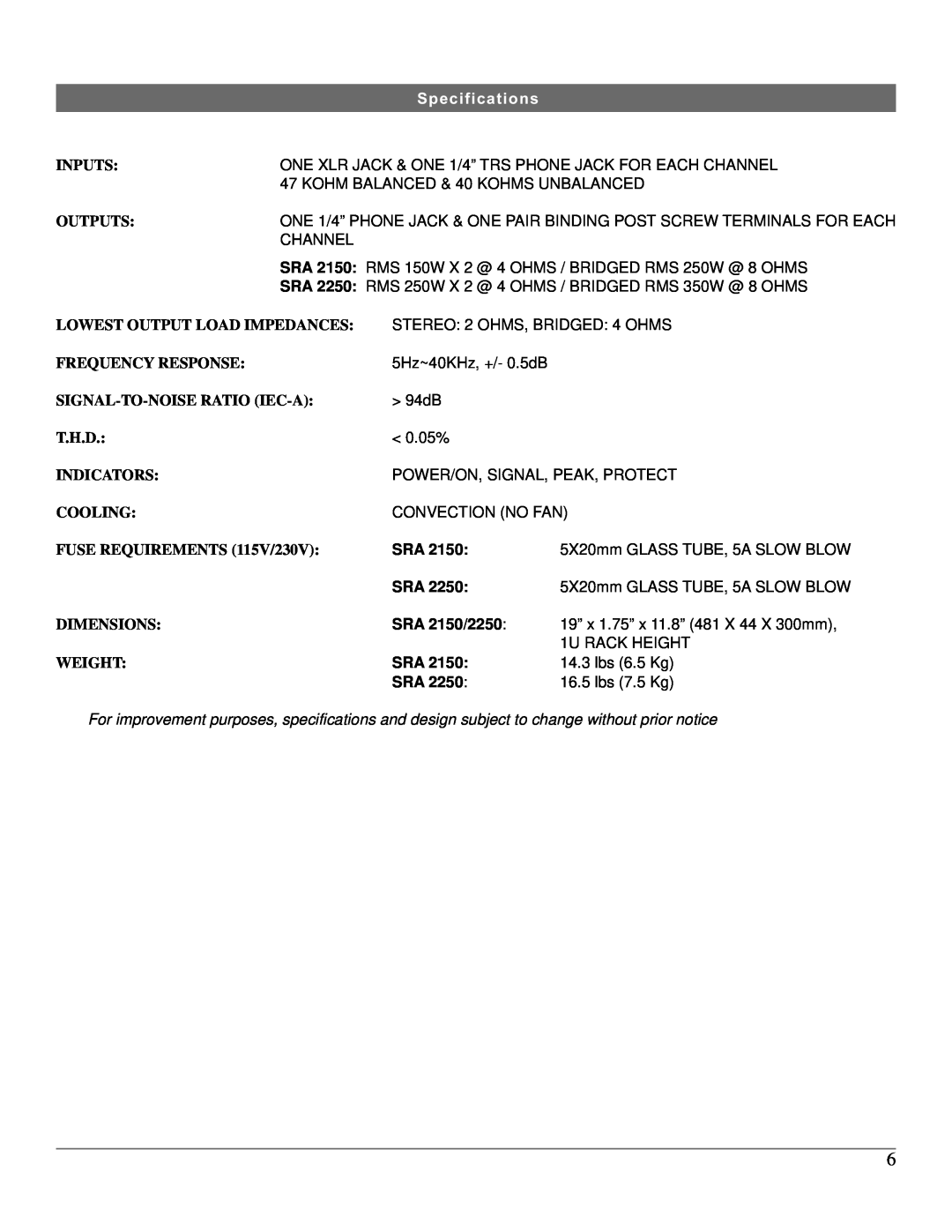 Nady Systems SRA 2250 manual Specifications, SRA 2150/2250 