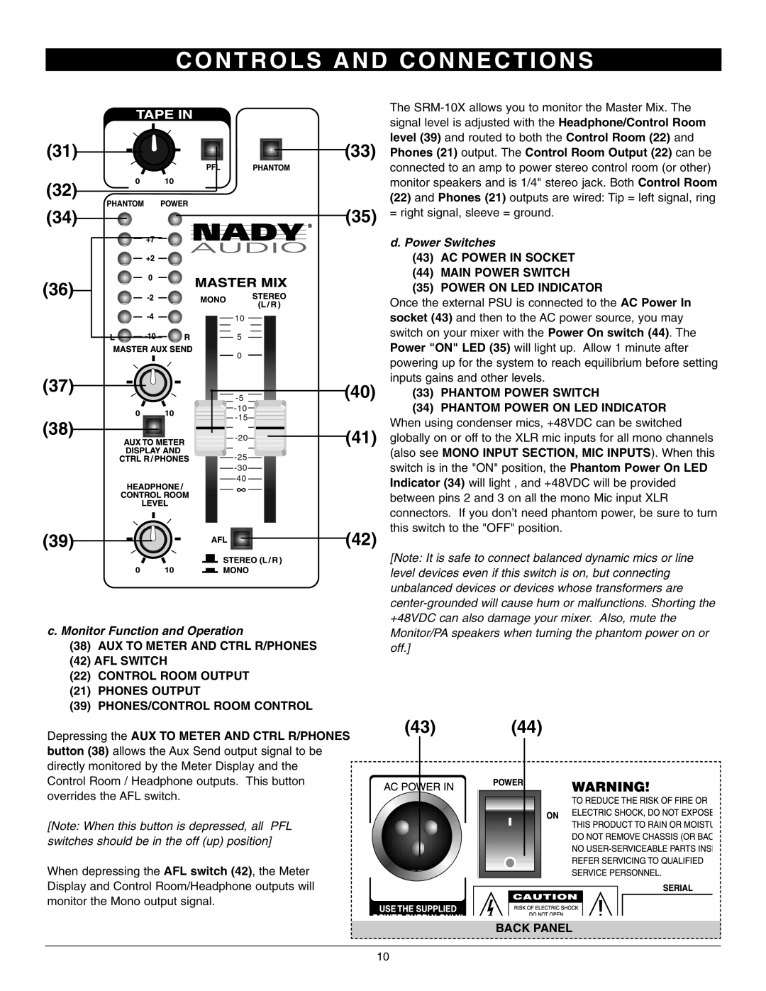 Nady Systems SRM-10X AC Power in Socket Main Power Switch Power on LED Indicator, Phantom Power Switch, Back Panel 