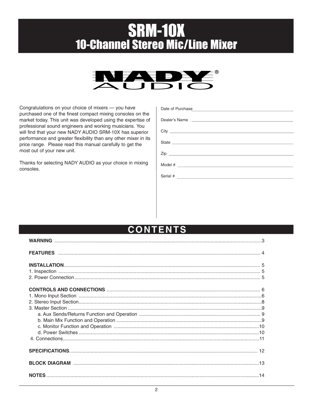 Nady Systems SRM-10X owner manual N T E N T S 