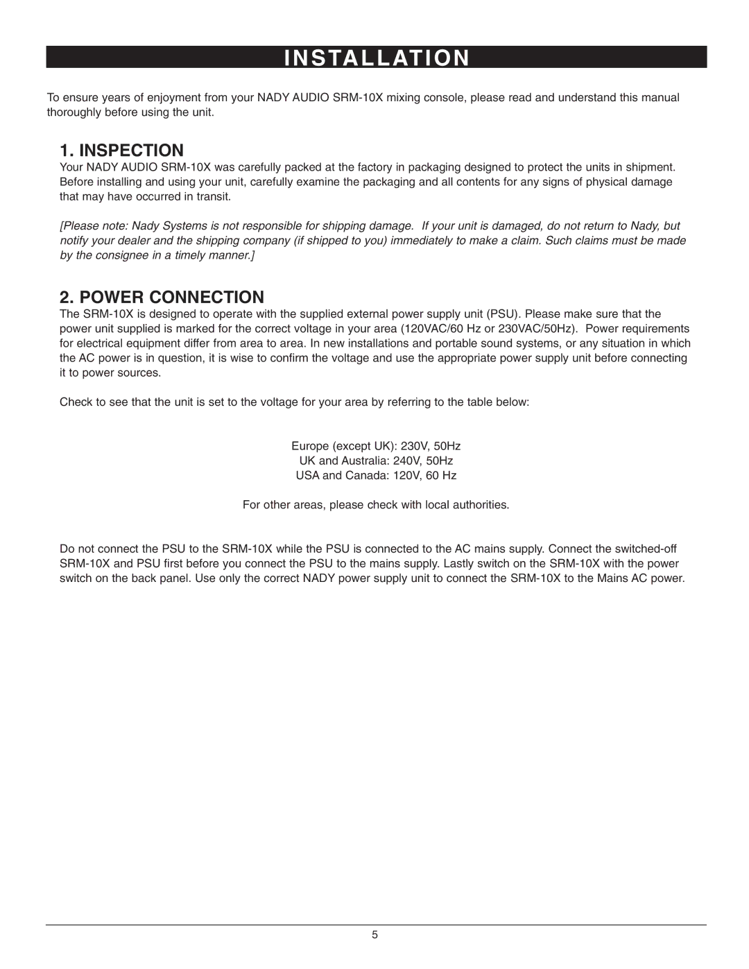 Nady Systems SRM-10X owner manual S Ta L L At I O N, Inspection, Power Connection 