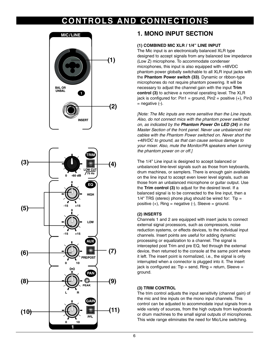 Nady Systems SRM-10X N T R O L S a N D C O N N E C T I O N S, Mono Input Section, Combined MIC XLR / 1/4 Line Input 