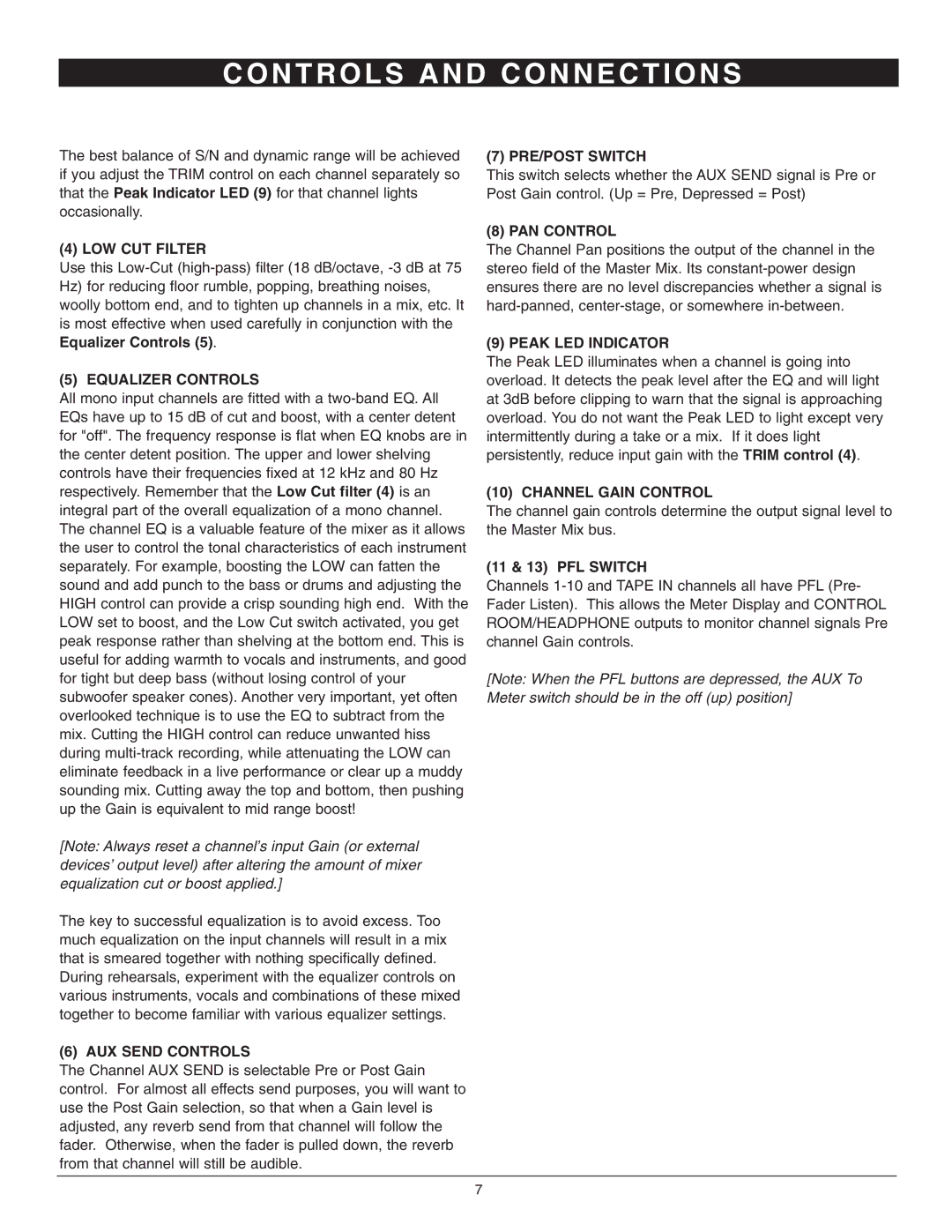 Nady Systems SRM-10X owner manual LOW CUT Filter, Equalizer Controls, AUX Send Controls, PRE/POST Switch, PAN Control 