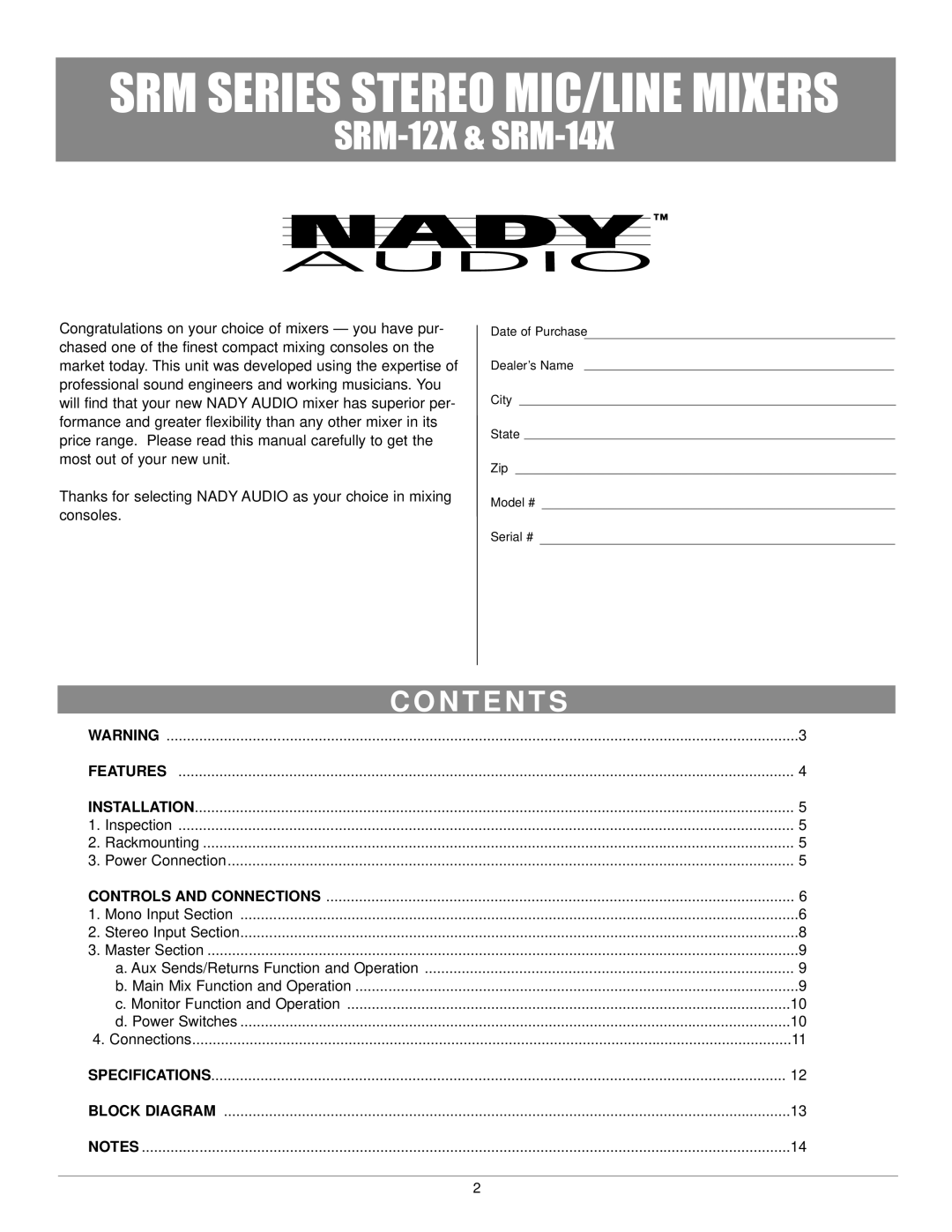 Nady Systems SRM-14X, SRM-12X owner manual SRM Series Stereo MIC/LINE Mixers, N T E N T S 