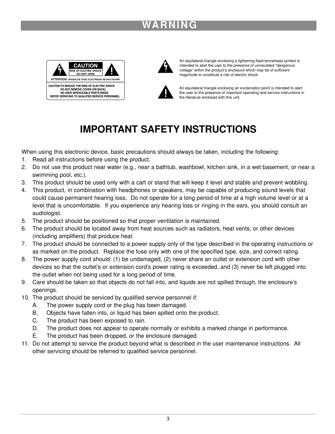 Nady Systems SRM-12X, SRM-14X owner manual Wa R N I N G, Important Safety Instructions 