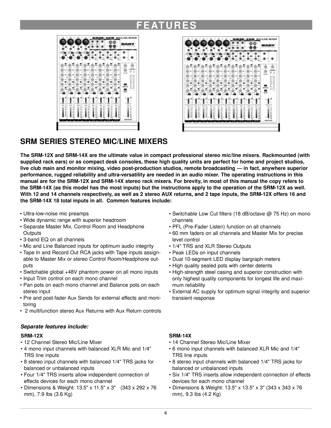 Nady Systems SRM-14X owner manual At U R E S, SRM Series Stereo MIC/LINE Mixers, Separate features include, SRM-12X 