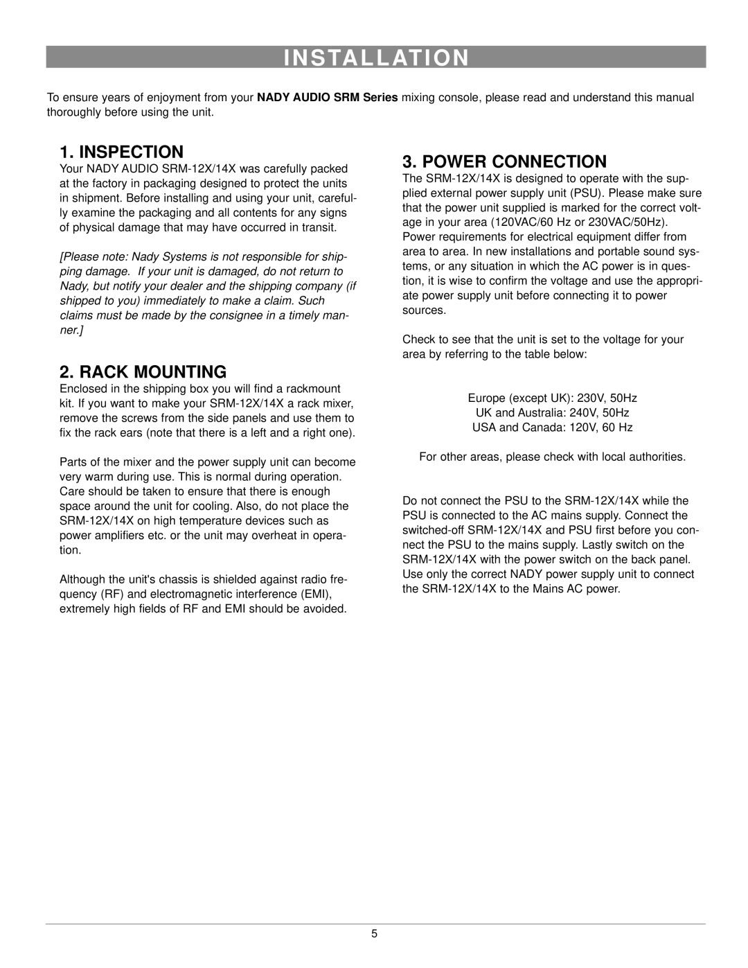 Nady Systems SRM-12X, SRM-14X owner manual S Ta L L At I O N, Inspection, Power Connection, Rack Mounting 