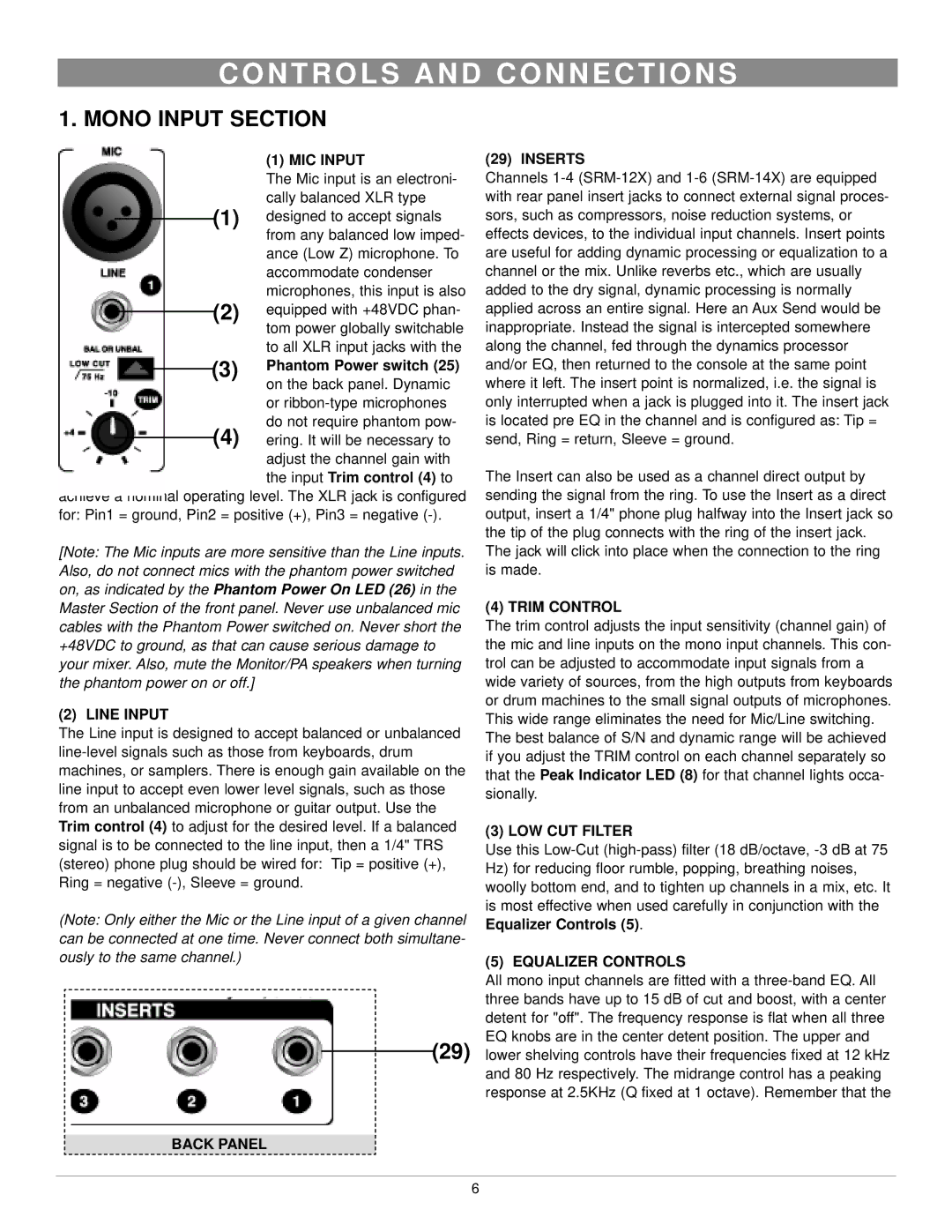 Nady Systems SRM-14X, SRM-12X owner manual N T R O L S a N D C O N N E C T I O N S, Mono Input Section 