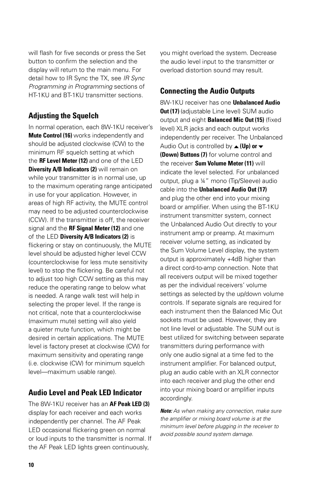 Nady Systems SW-1KU owner manual Adjusting the Squelch, Connecting the Audio Outputs 