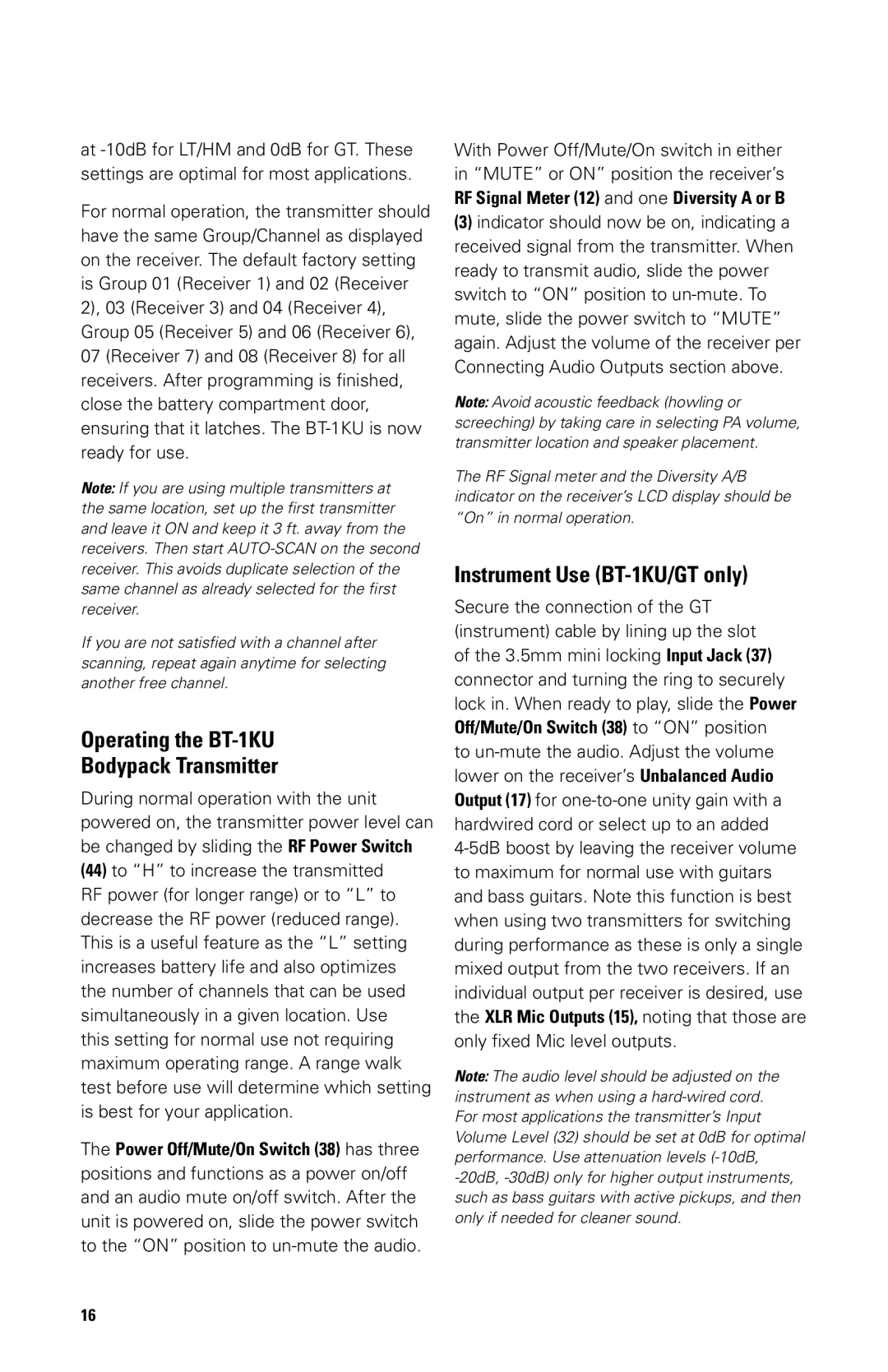 Nady Systems SW-1KU owner manual Operating the BT-1KU Bodypack Transmitter, Instrument Use BT-1KU/GT only 