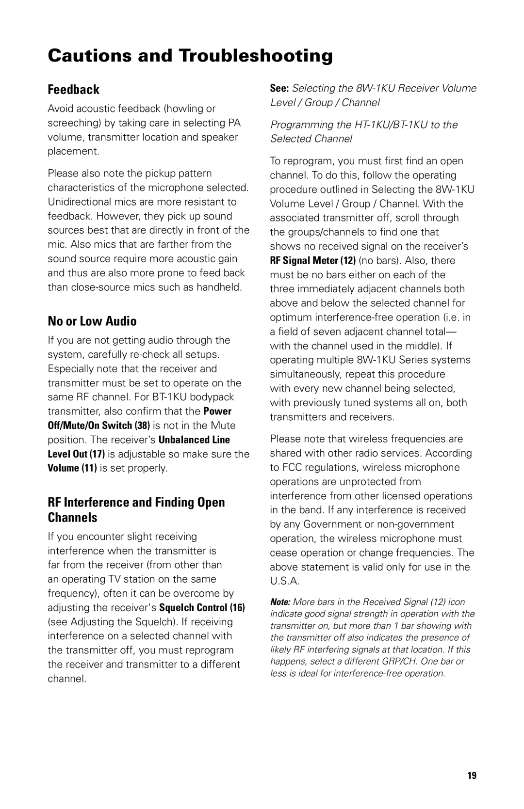 Nady Systems SW-1KU owner manual Feedback, No or Low Audio, RF Interference and Finding Open Channels 