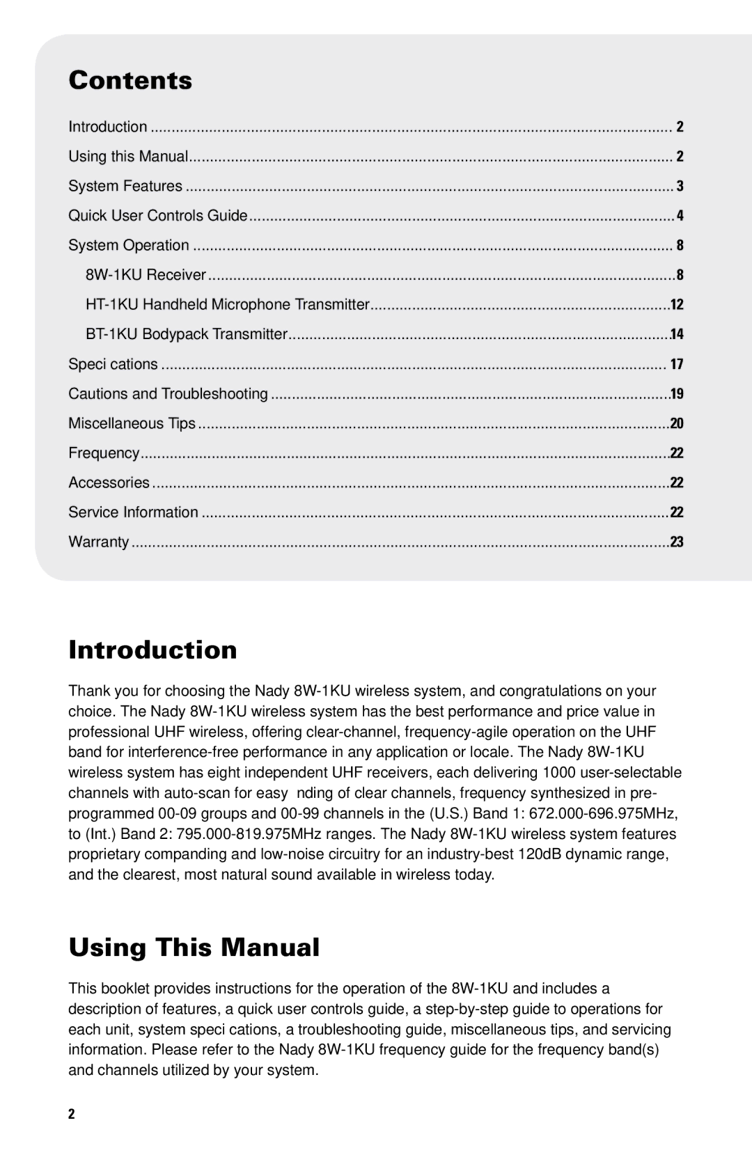 Nady Systems SW-1KU owner manual Contents, Introduction, Using This Manual 