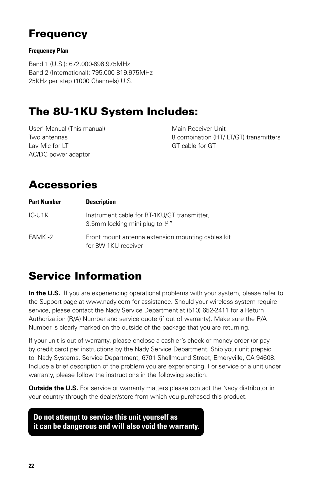 Nady Systems SW-1KU owner manual Frequency, 8U-1KU System Includes, Accessories, Service Information 