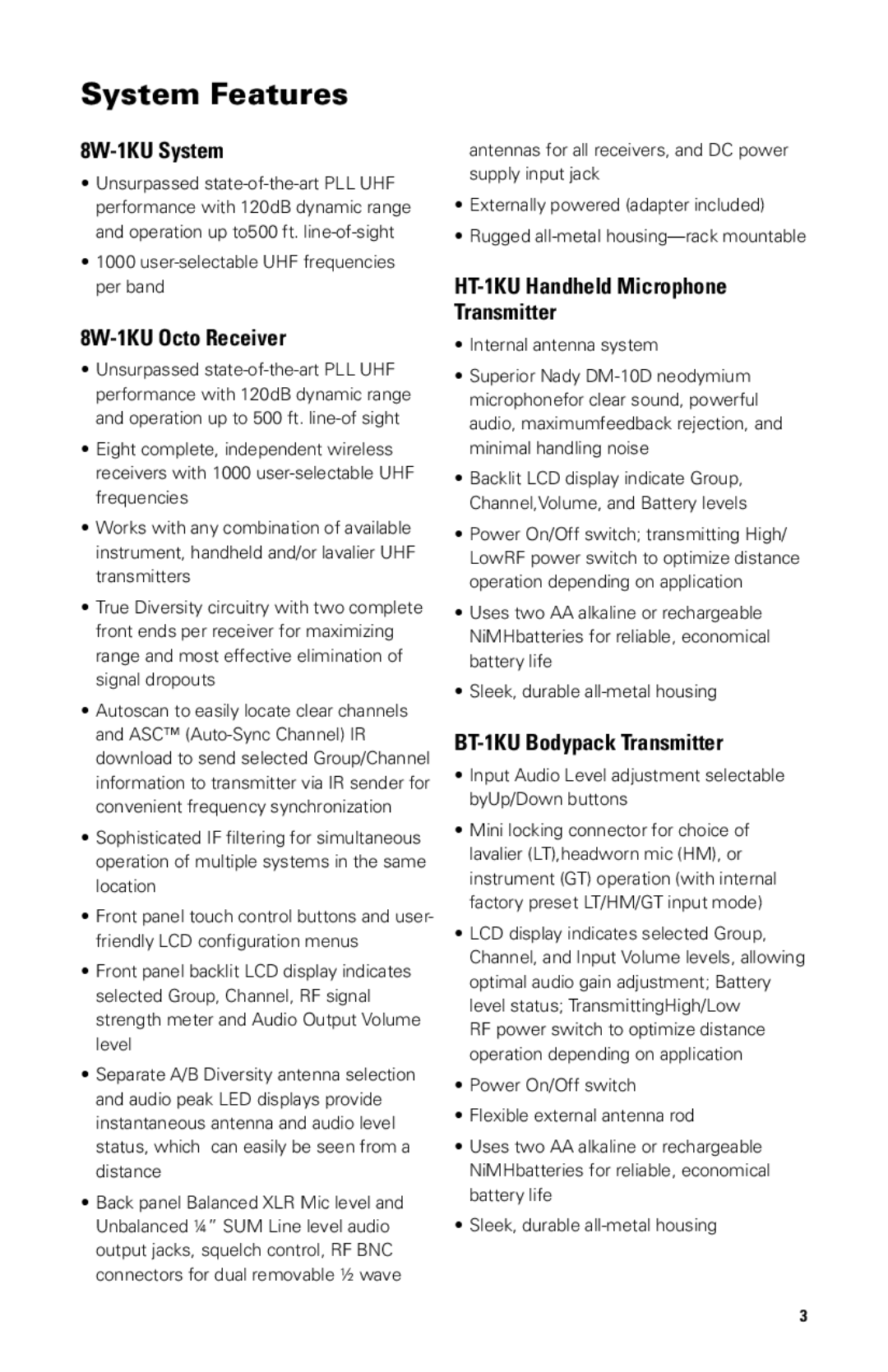 Nady Systems SW-1KU System Features, 8W-1KU System, 8W-1KU Octo Receiver, HT-1KU Handheld Microphone Transmitter 