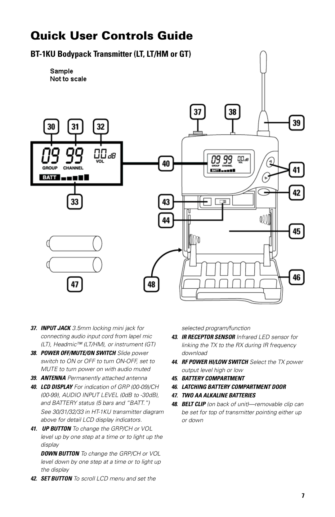 Nady Systems SW-1KU owner manual BT-1KU Bodypack Transmitter LT, LT/HM or GT, Antenna Permanently attached antenna 