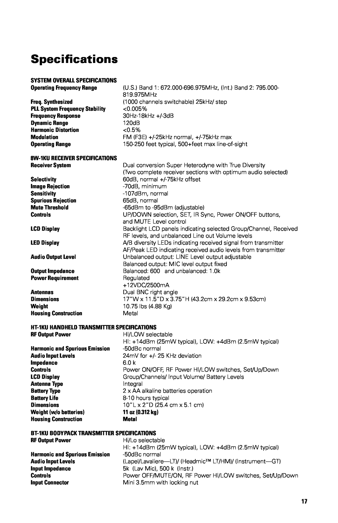 Nady Systems SW-1KU owner manual Specifications 