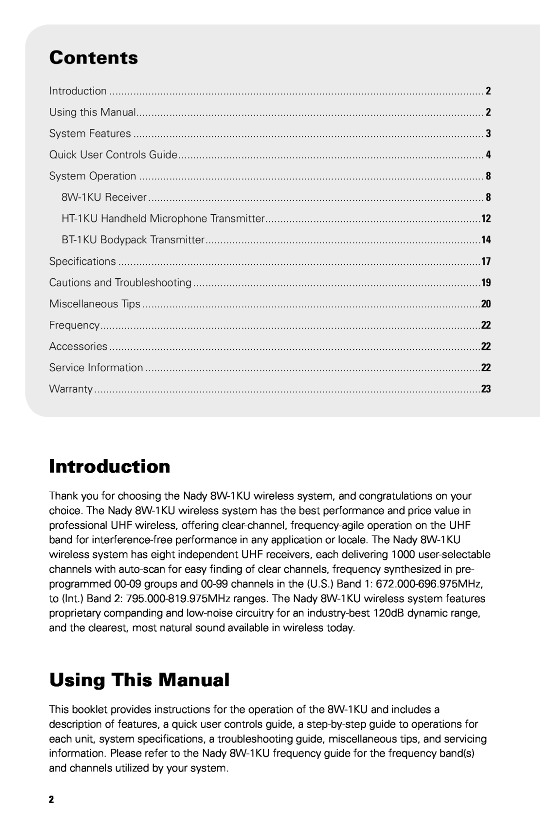 Nady Systems SW-1KU owner manual Contents, Introduction, Using This Manual, Using this Manual, Quick User Controls Guide 