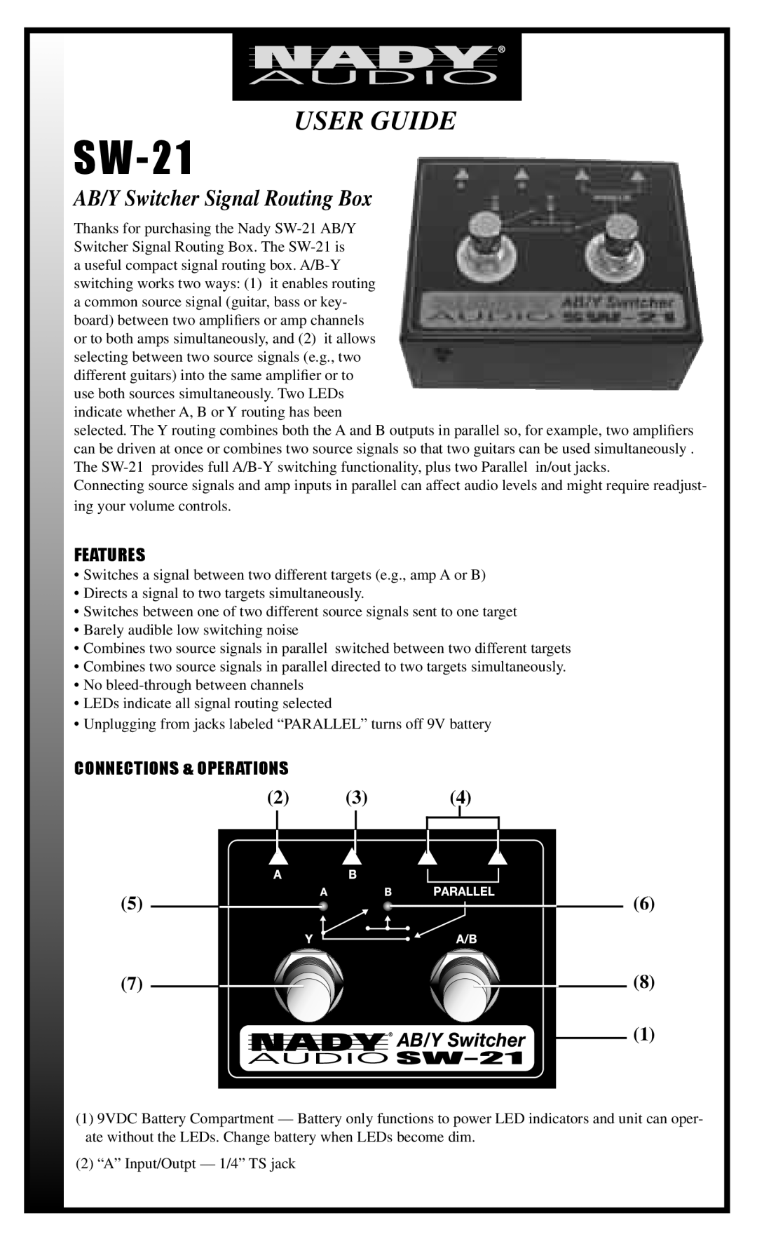 Nady Systems SW21 ABY manual SW-21, AB/Y Switcher Signal Routing Box, Features, Connections & Operations 