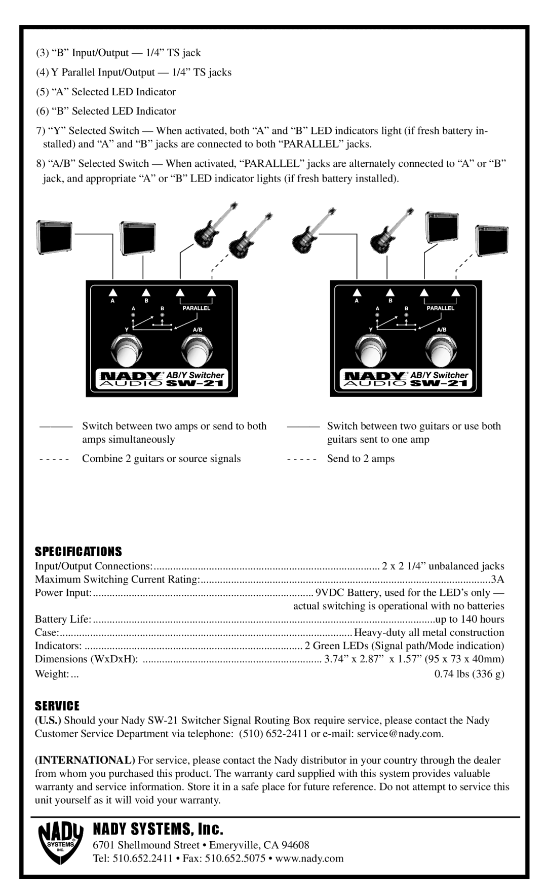 Nady Systems SW21 ABY manual Specifications, Service 