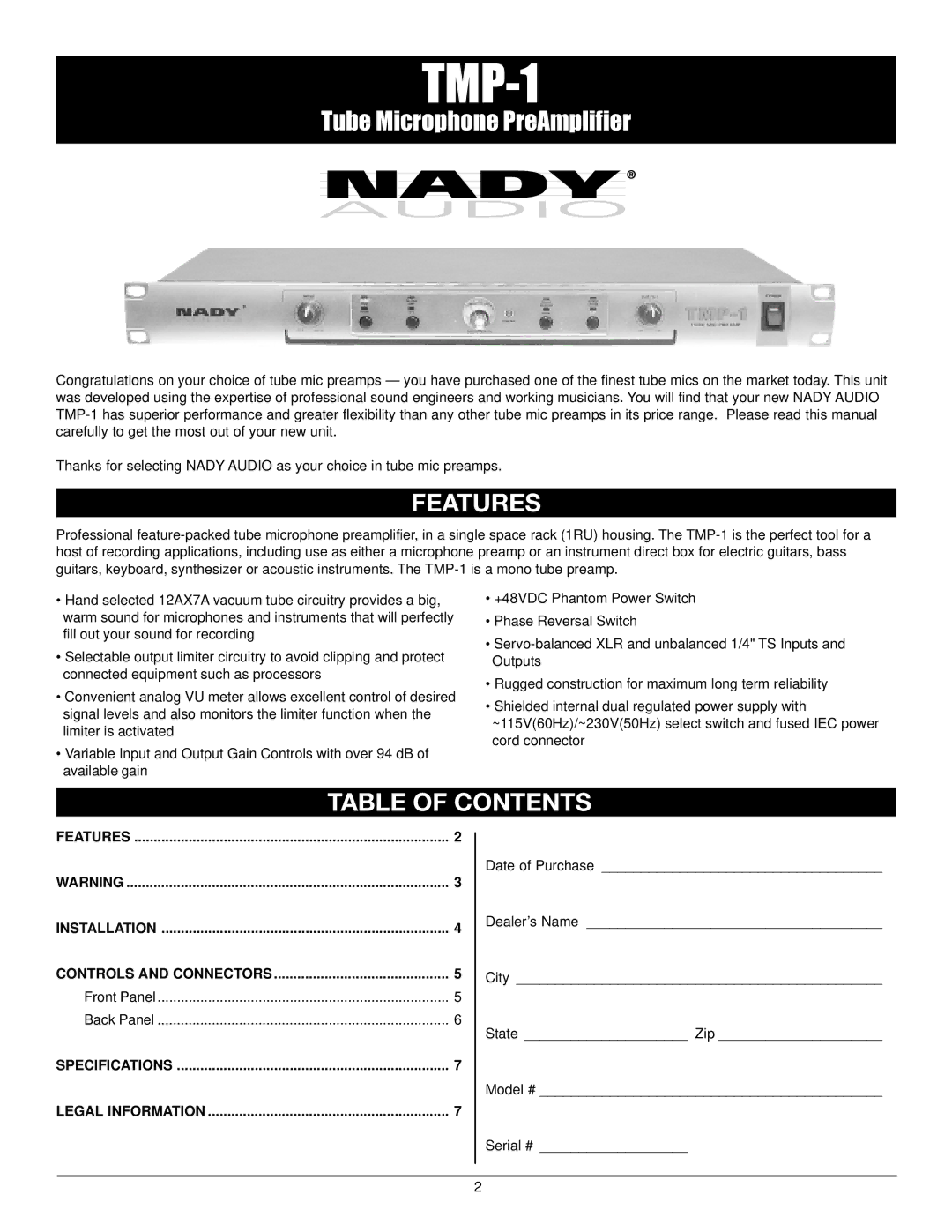 Nady Systems TMP-1 MICPREAMP owner manual Features, Table of Contents 