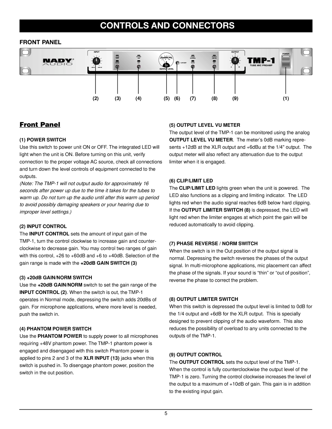 Nady Systems TMP-1 MICPREAMP owner manual Controls and Connectors, Front Panel 