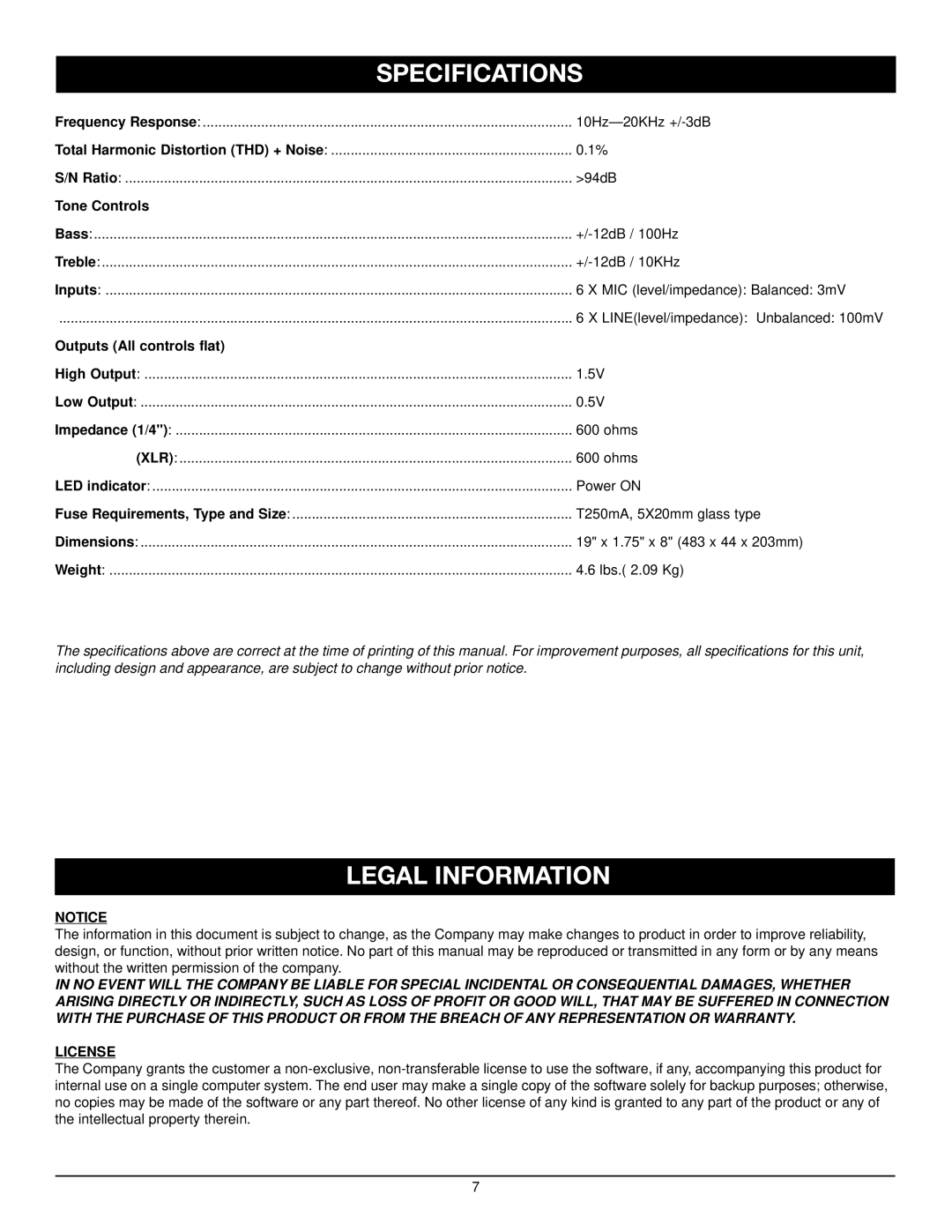 Nady Systems TMP-1 MICPREAMP Specifications, Legal Information, Tone Controls, Outputs All controls flat, License 