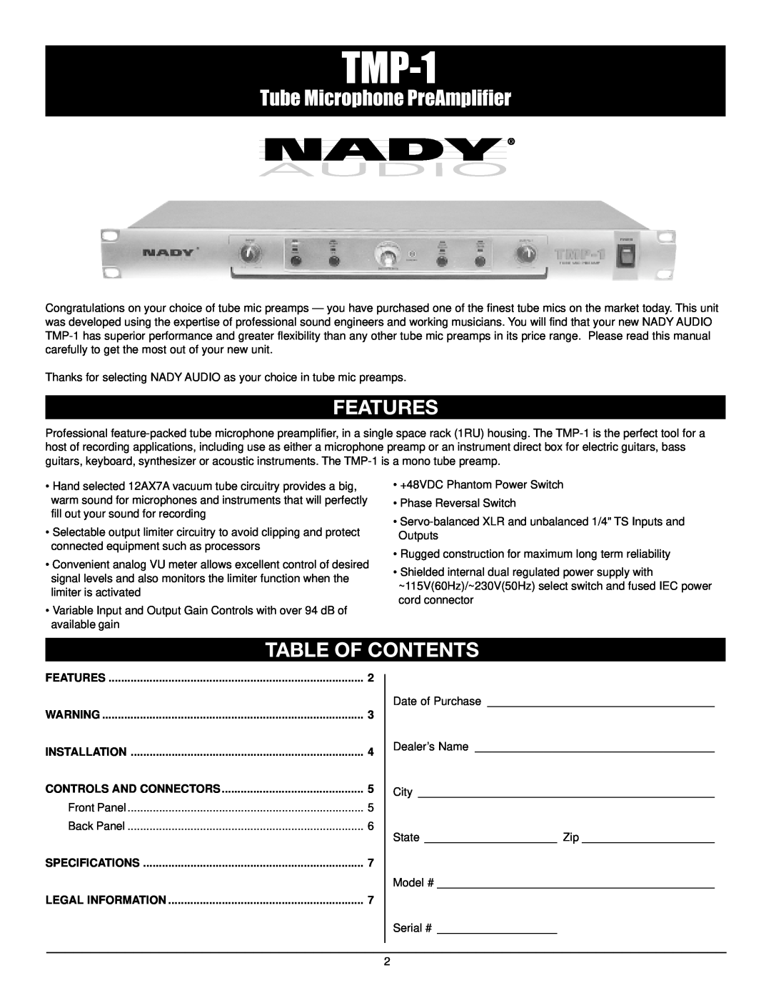 Nady Systems TMP-1 MICPREAMP owner manual Features, Table Of Contents, Tube Microphone PreAmplifier 