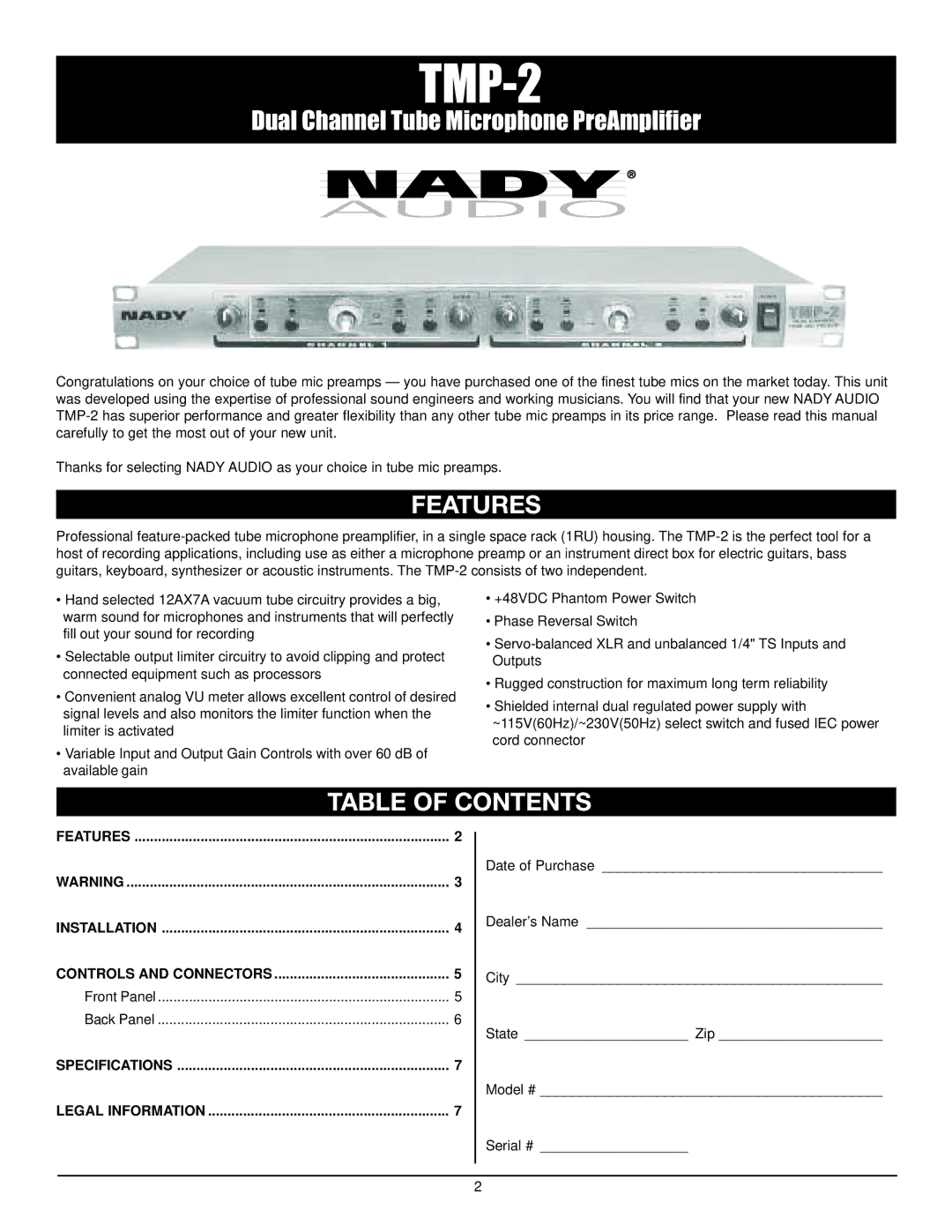 Nady Systems TMP-2 owner manual Features, Table of Contents 