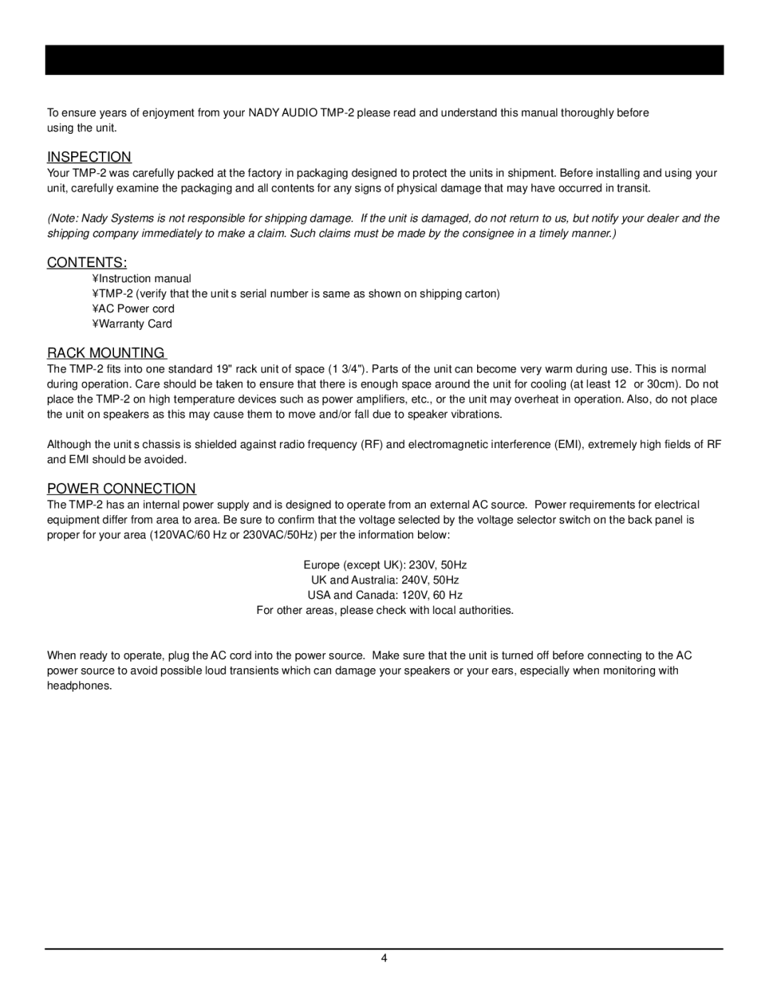 Nady Systems TMP-2 owner manual Installation, Inspection 