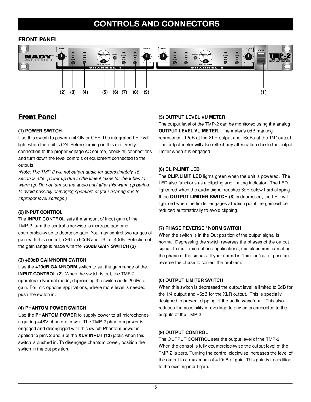 Nady Systems TMP-2 owner manual Controls and Connectors, Front Panel 