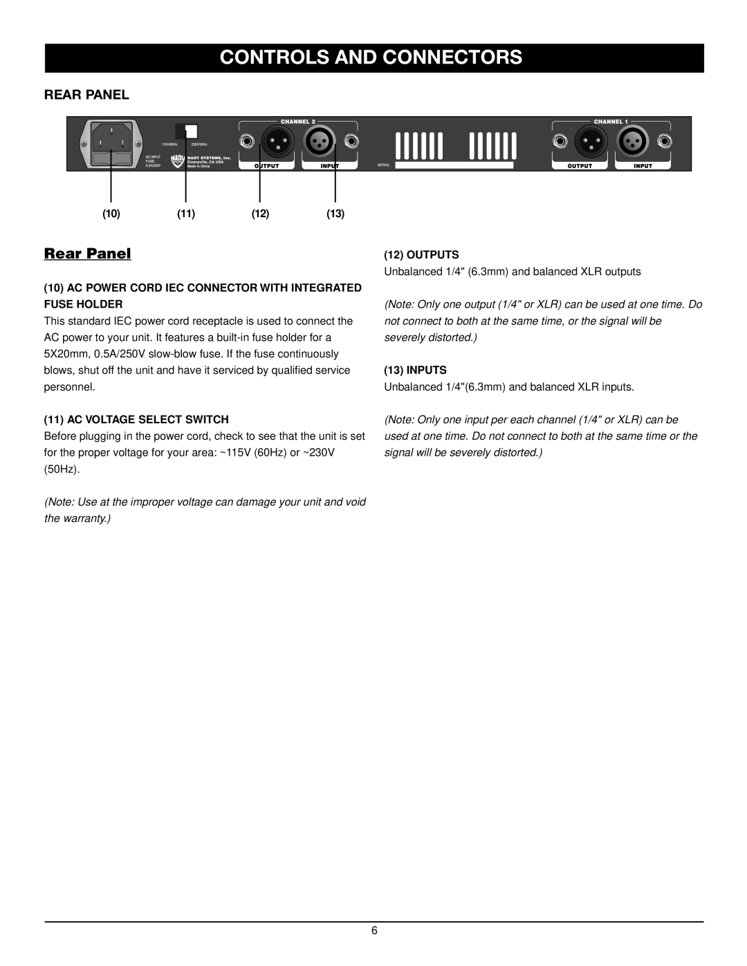 Nady Systems TMP-2 Rear Panel, AC Power Cord IEC Connector with Integrated Fuse Holder, AC Voltage Select Switch, Outputs 