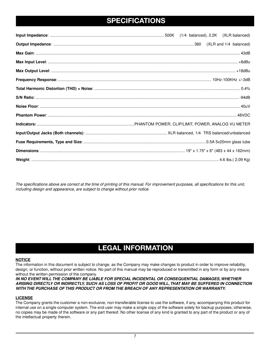 Nady Systems TMP-2 owner manual Specifications, Legal Information, License 