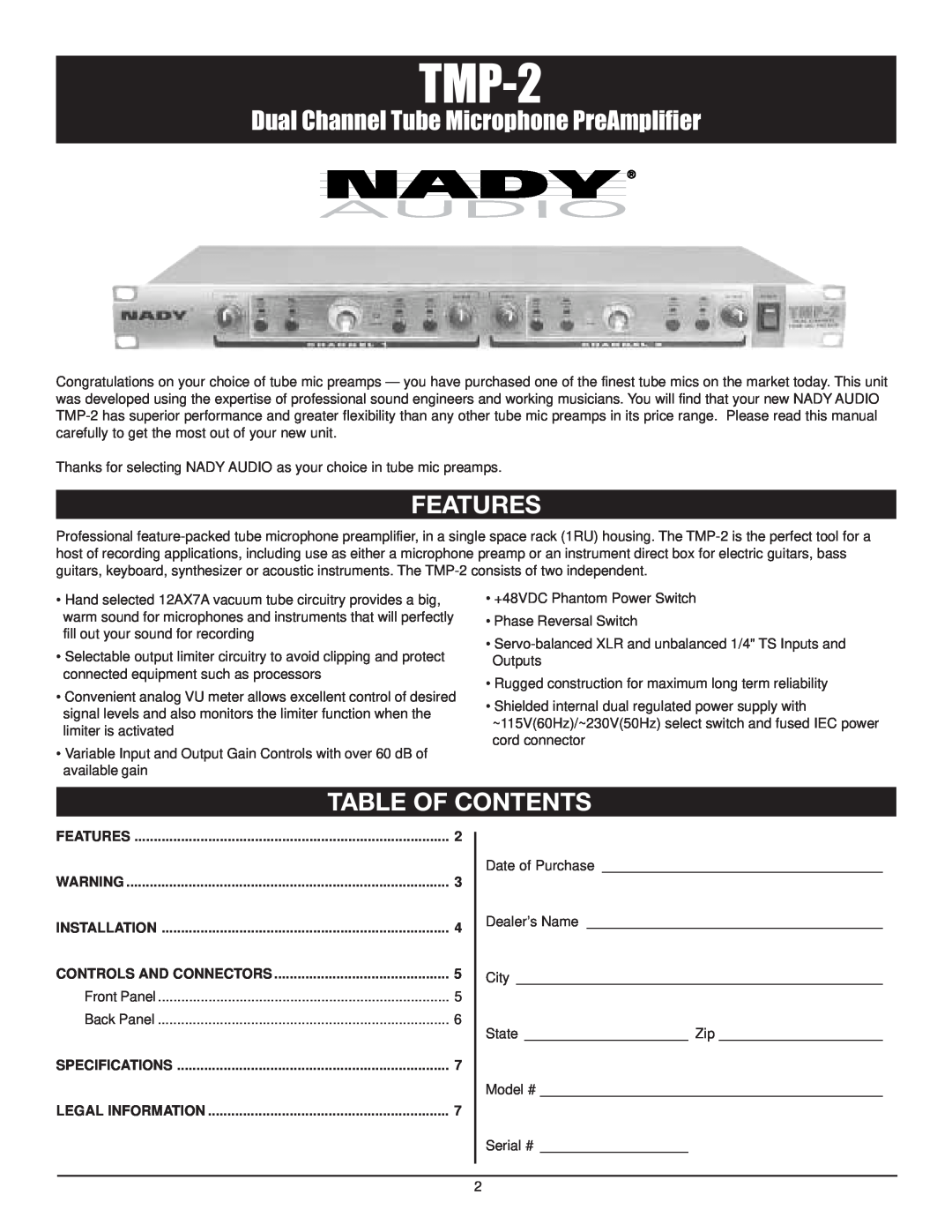 Nady Systems TMP-2 owner manual Features, Table Of Contents, Dual Channel Tube Microphone PreAmplifier 