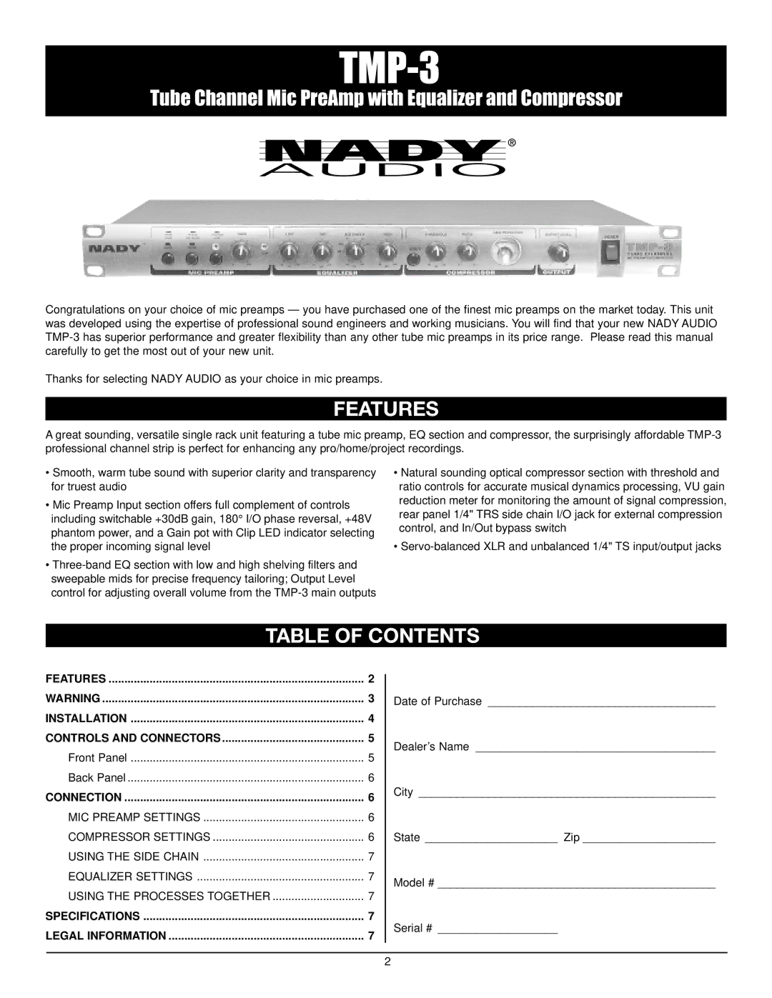 Nady Systems TMP-3 owner manual Features, Table of Contents 