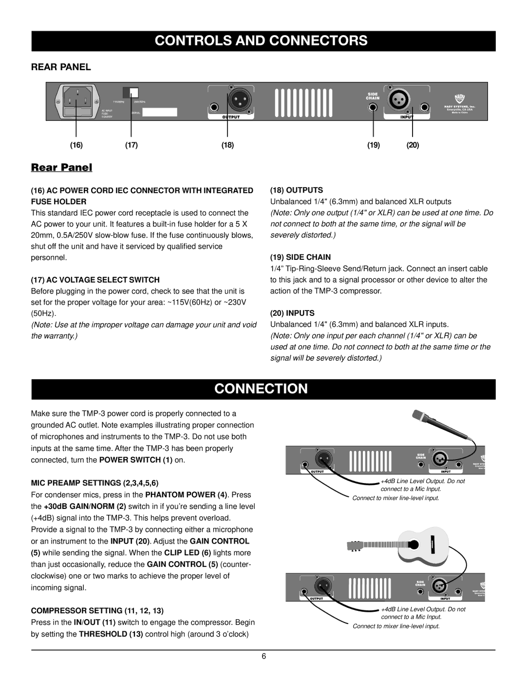 Nady Systems TMP-3 owner manual Connection, Rear Panel 