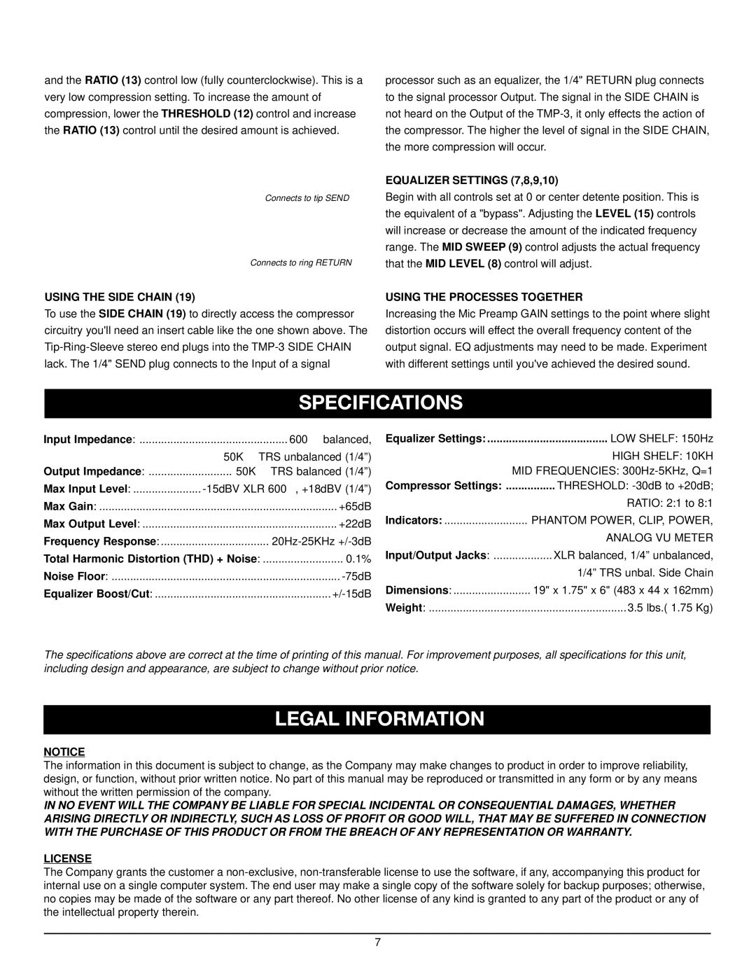 Nady Systems TMP-3 owner manual Specifications, Legal Information, Equalizer Settings 7,8,9,10, License 