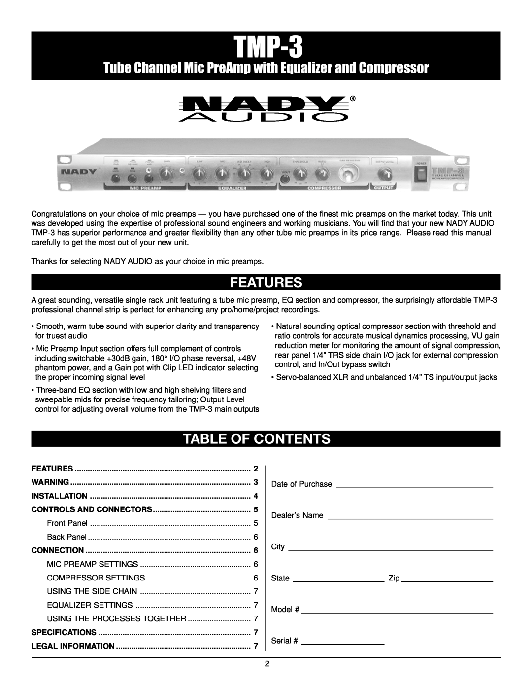 Nady Systems TMP-3 owner manual Features, Table Of Contents 