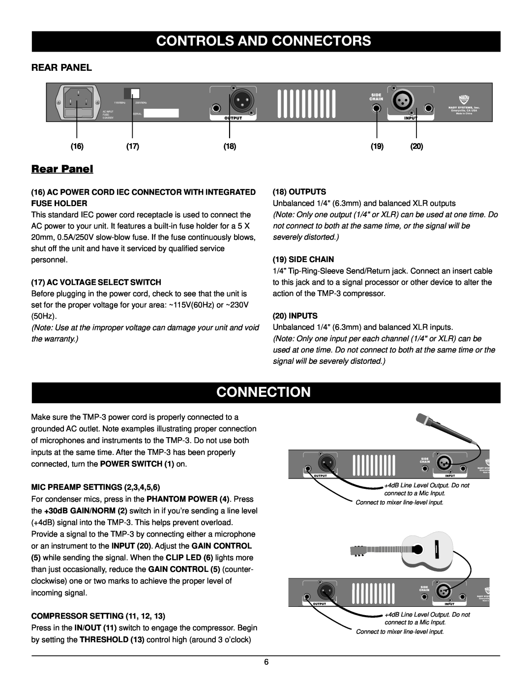 Nady Systems TMP-3 owner manual Connection, Rear Panel, Controls And Connectors 