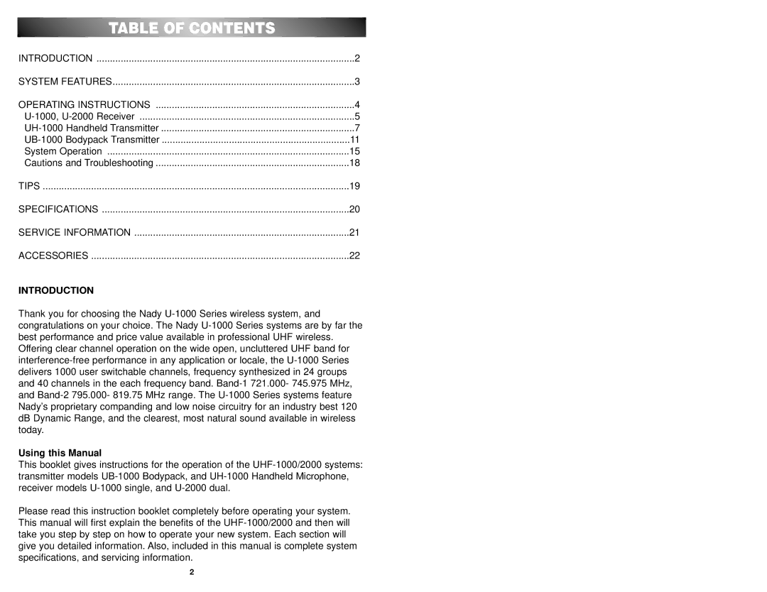 Nady Systems U-1000 owner manual Table of Contents 