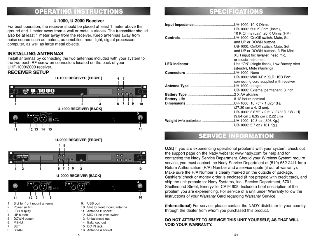 Nady Systems U-1000 owner manual Operating Instructions, Specifications, Service Information 