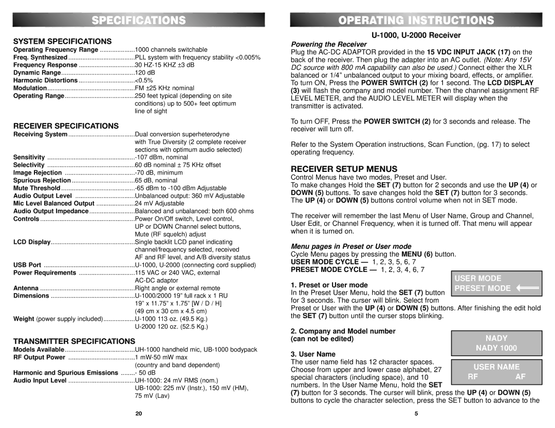 Nady Systems U-1000 owner manual System Specifications 