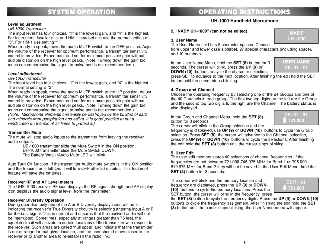 Nady Systems U-1000 owner manual Level adjustment 