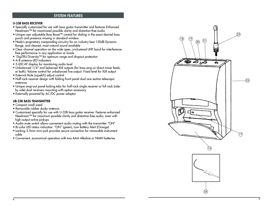 Nady Systems U-33B owner manual System Features, 33B Bass Receiver 