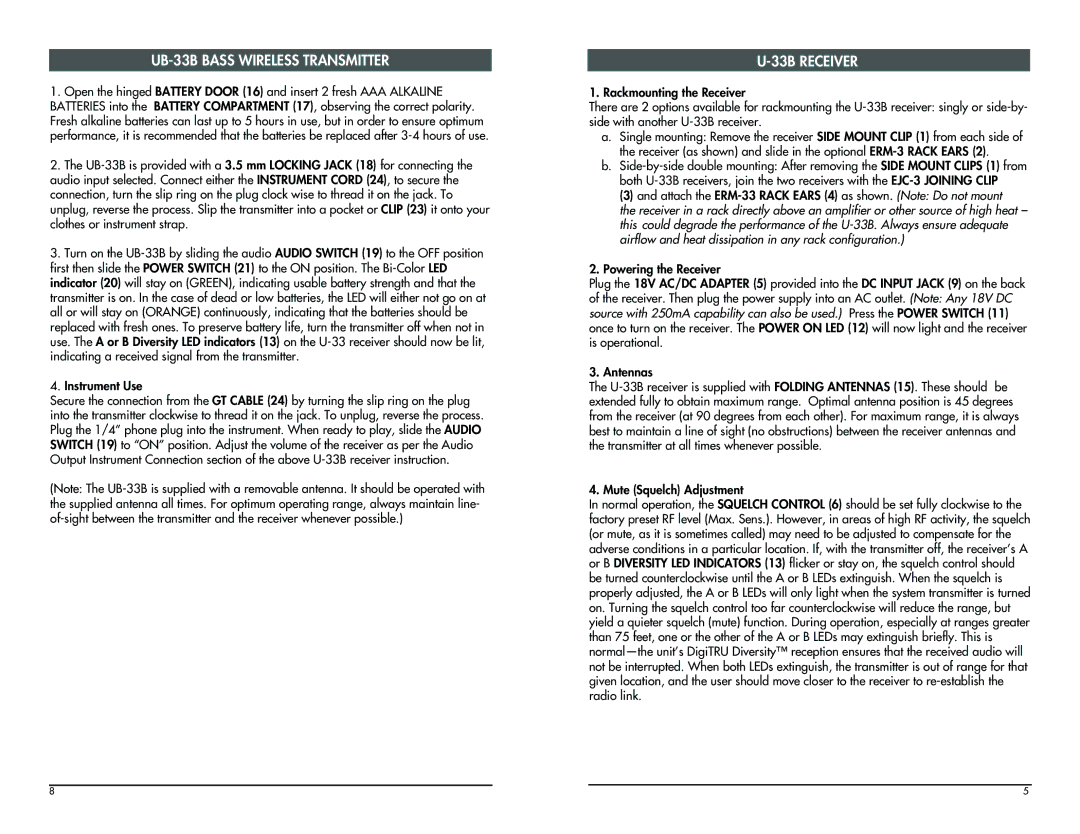 Nady Systems U-33B owner manual UB-33B Bass Wireless Transmitter, 33B Receiver, Instrument Use 