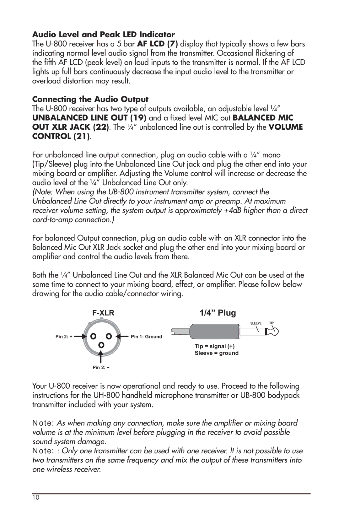 Nady Systems U-800 owner manual Audio Level and Peak LED Indicator, Connecting the Audio Output 