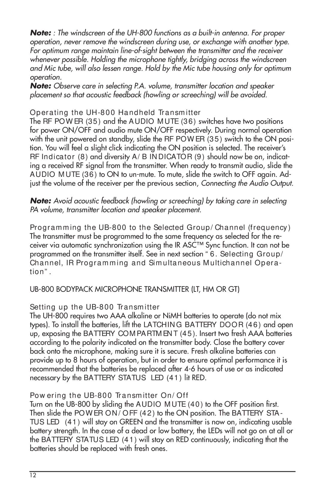 Nady Systems U-800 owner manual Operating the UH-800 Handheld Transmitter, Setting up the UB-800 Transmitter 