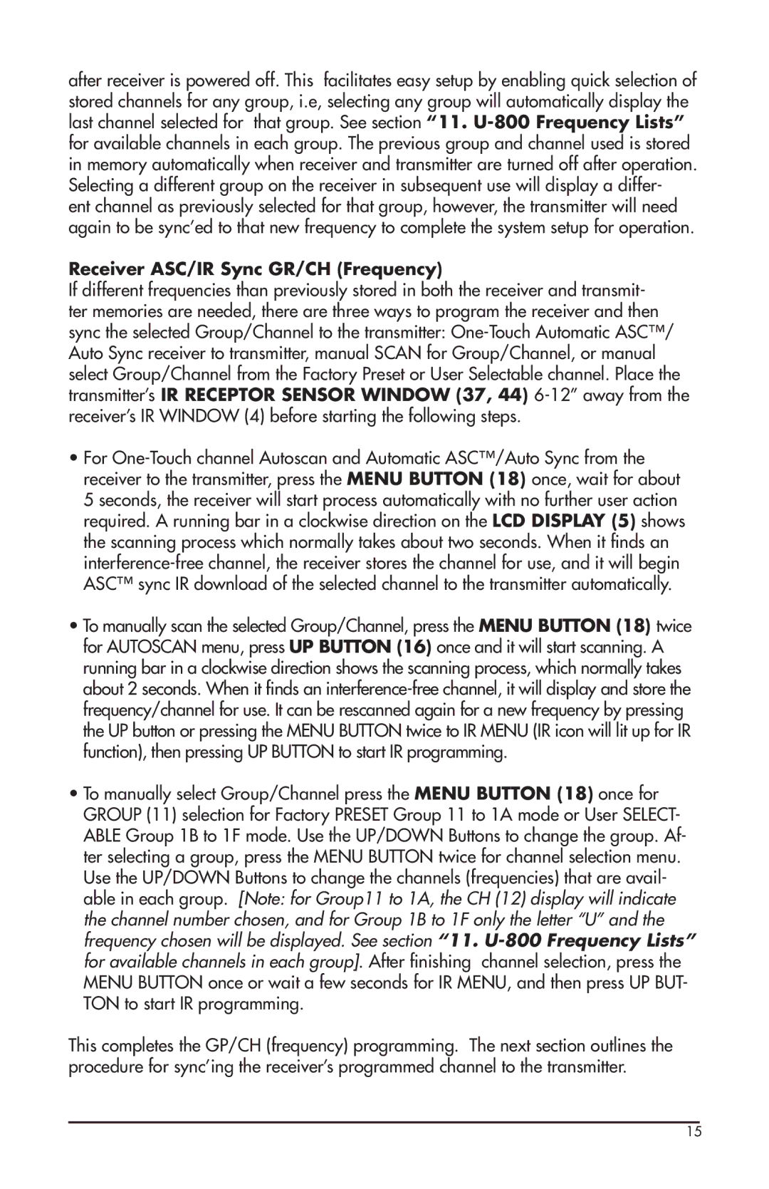Nady Systems U-800 owner manual Receiver ASC/IR Sync GR/CH Frequency 